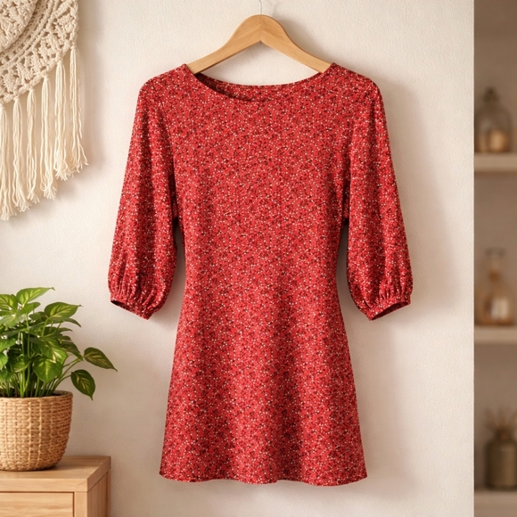 Free People Clara Red Floral Mini Tunic with White & Yellow Blooms Size Small - Picture 7 of 10